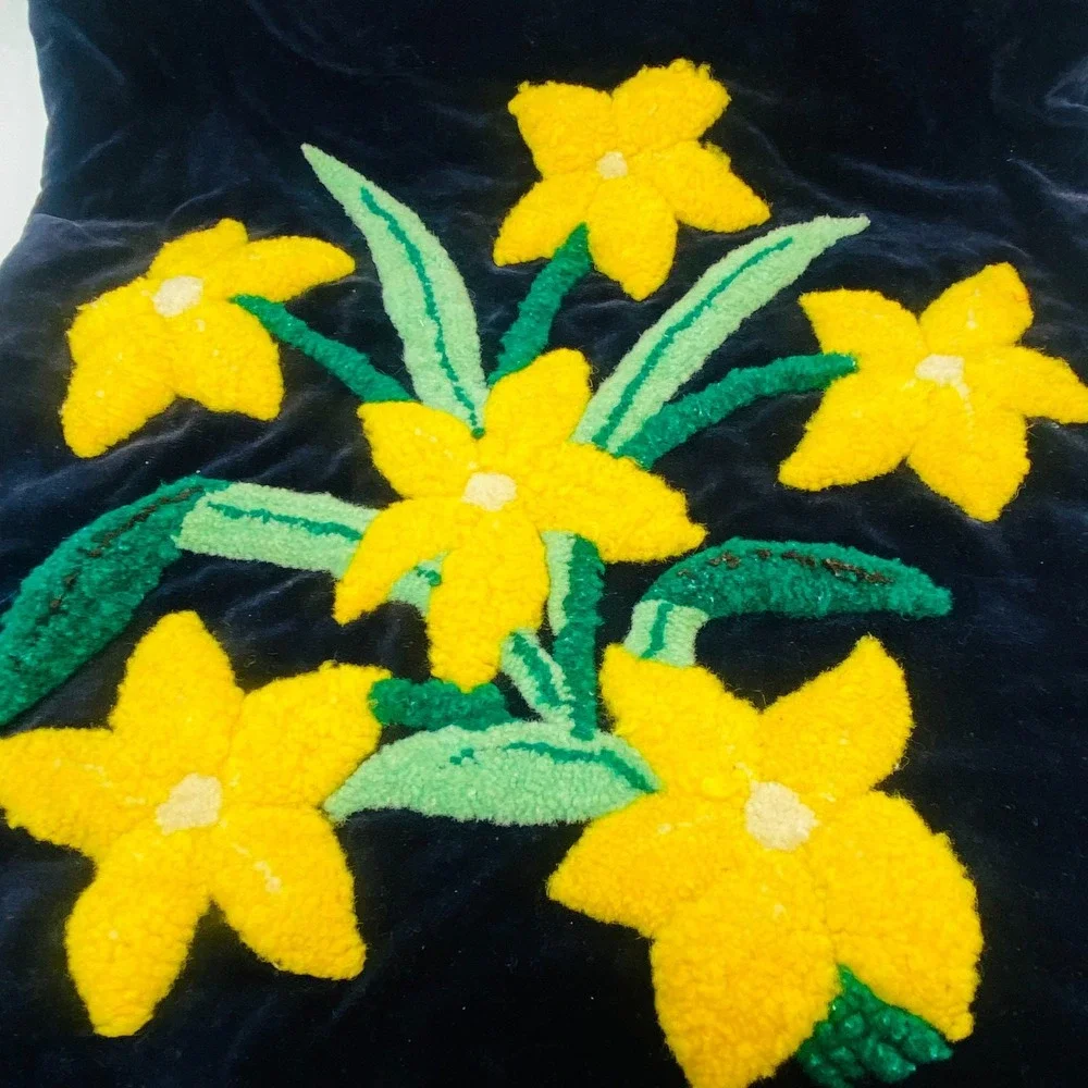 VTG Needlepunch Velvet Pillowcase Unfinished Yellow Flowers Floral Black Kitschy